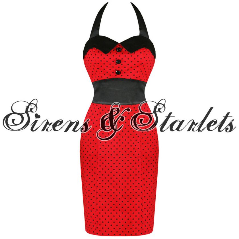 RED POLKA DOT FITTED VTG 40S 50S WIGGLE PENCIL DRESS  