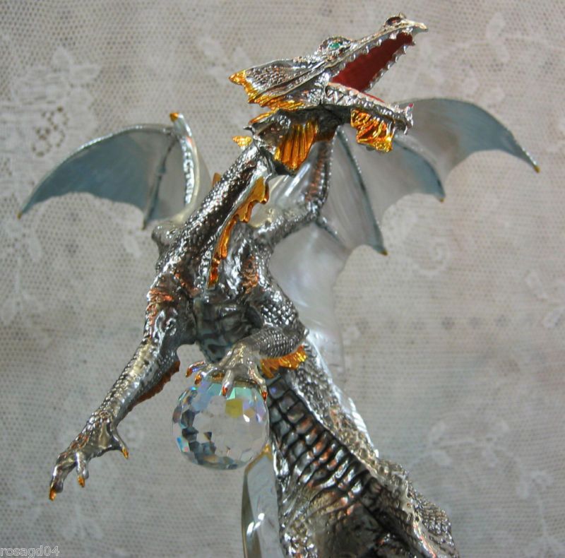 Franklin Mint Sterling Silver Dragon With Crystal Sculpture Michael 