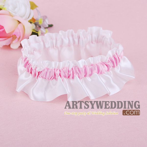   White and Pink Stretch Satin Toss Party Wedding Bridal Garter  