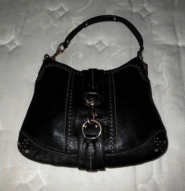 COACH HAMPTONS VINTAGE BLACK LEATHER WHITE STITCHED LARGE HOBO TOTE 