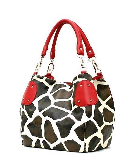 New LG Brown Giraffe Print Convertable Purse Handbag Tote Bag Red Trim 