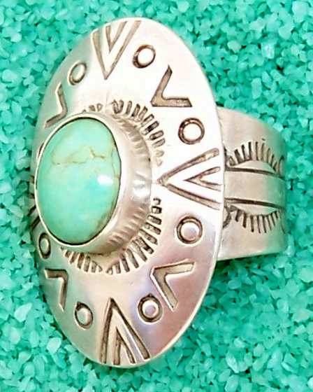 Pollack  Big Sterling Concho Turquoise Ring Sz 5.5  