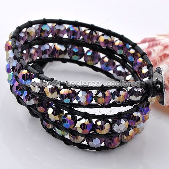   Fashion STYLE Crystal Glass Beads Black Leather 2 Wrap Bracelet New