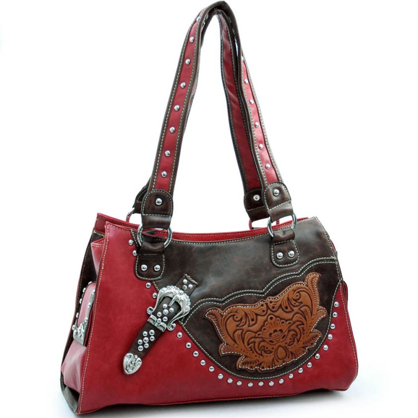 Studded western shoulder bag w/ buckle & floral embossed accent