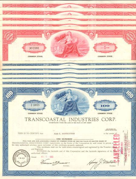 Lot of 10 stock certificates  Transcoastal Industries  