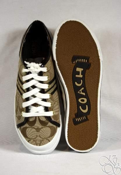 COACH Folly Stripe Webb Khaki / Chestnut   Khaki Womens Sneakers Shoes 