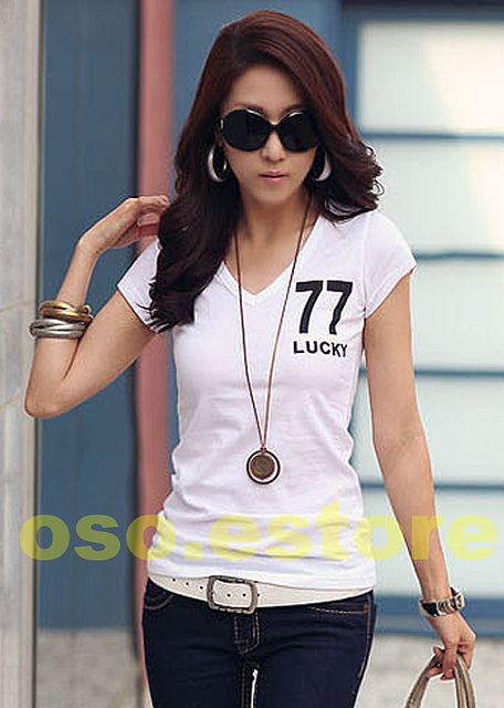 Colors  V neck Close Fitting Short Sleeve Number Prints T Shirt Tops 