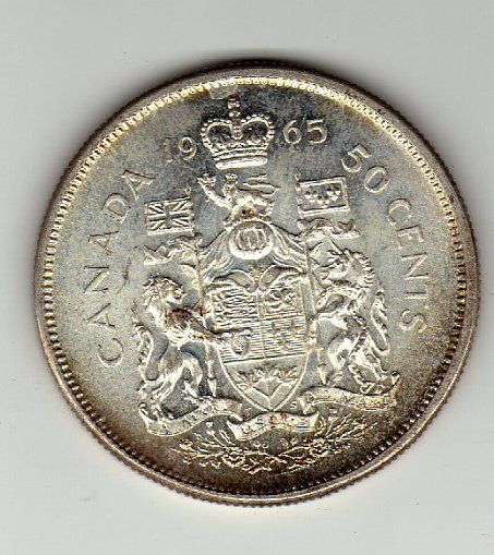 CANADA 50 CENTS.1965,SILVER XF. CONDITION  