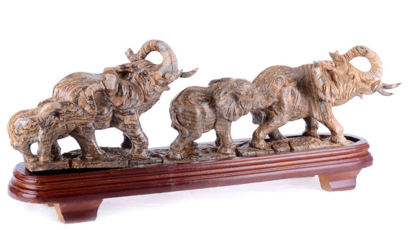 19.5 Natural Picture Jasper Elephant Family Sculpture, Stone Carving 