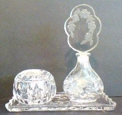 Cut Glass Perfume Set Bottle w/ Intaglio Stopper   Powder Box & Tray 