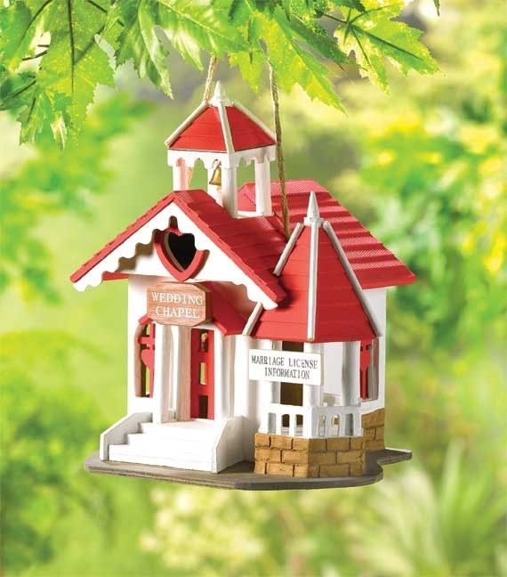 WEDDING CHAPEL CHURCH RED ROOF HEARTS AND CROSS IN WINDOW BIRD HOUSE 