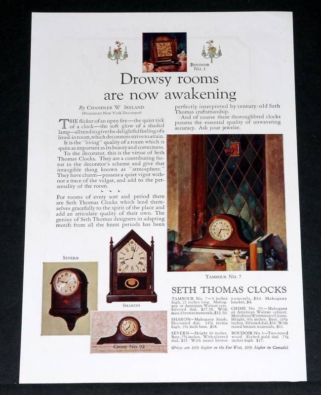   OLD MAGAZINE PRINT AD, SETH THOMAS CLOCKS, BOUDOIR, SEVERN  