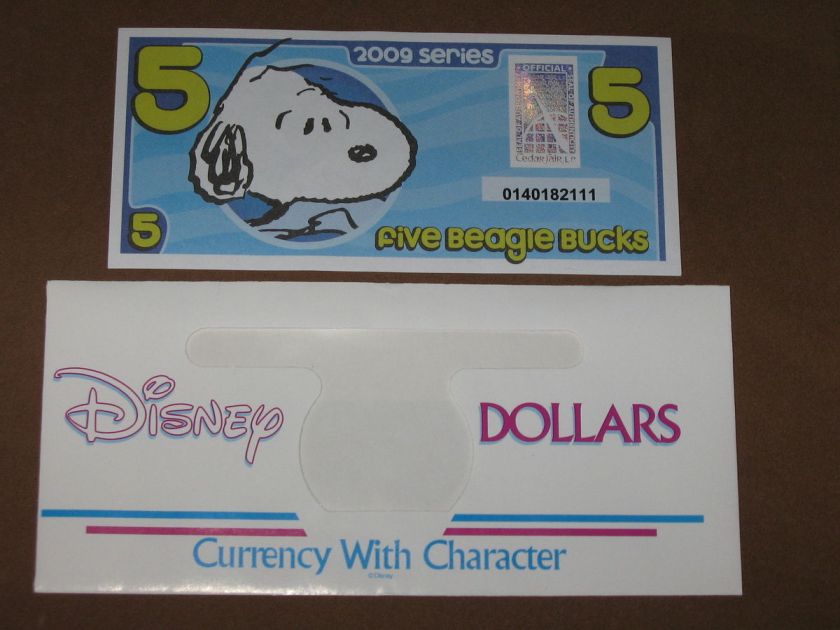 2009 $5 BEAGLE BUCK + DISNEY DOLLAR ENVELOPE NEW  