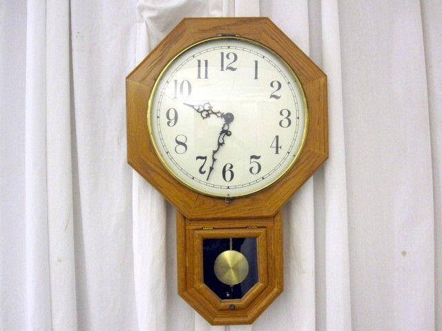 Antique School House Style Clock Hand Crafted Golden Oak Bubble Glass 