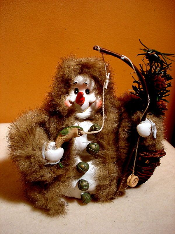 Lucky Fishing Snowman in Fur Coat Figure , Resin 6  