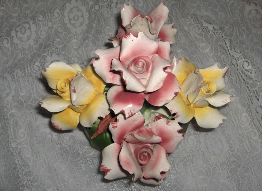   Porcelain China Pink Yellow Roses Floral Bouquet Sign Italy  
