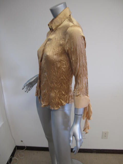 Roberto Cavalli Gold Long Sleeve Wrinkled Hook & Eye Blouse S  