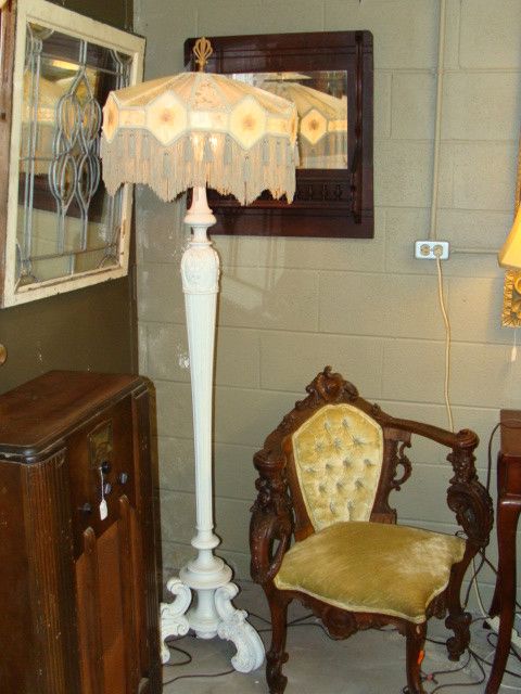 White Painted Wood Floor Lamp with Fringed Shade  