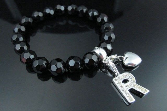 CRYSTAL SILVER Letter A   Z & HEART CHARM +BLACK ONXY CHARM CARRIER 