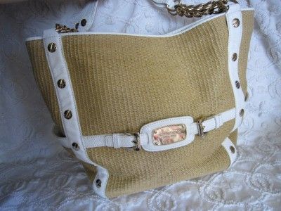 Michael Kors Wicker and White Leather and Gold Chain Handbag  