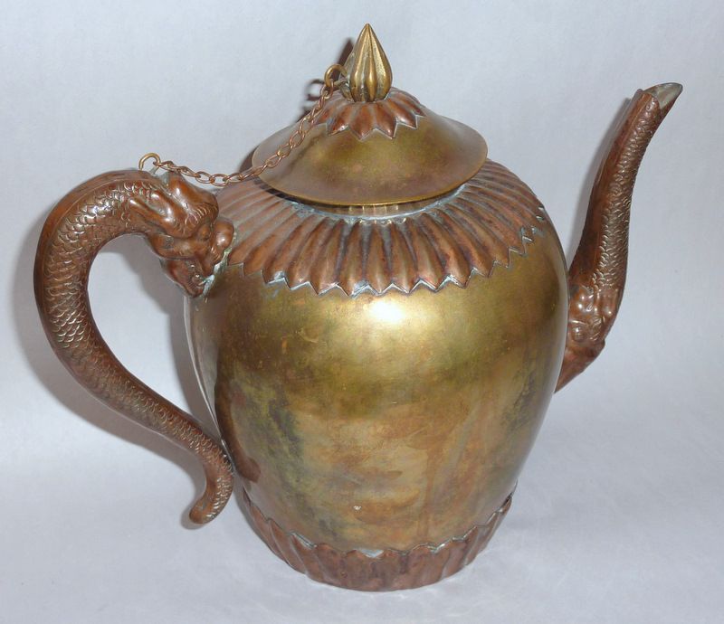 VINTAGE HONG KONG BRASS & COPPER ORNATE DRAGON TEAPOT  