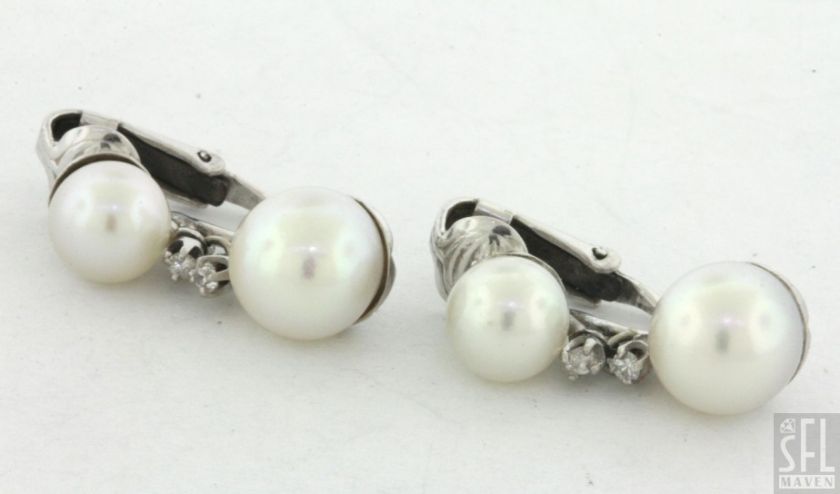 VINTAGE 14K WHITE GOLD DIAMOND/8.9mm PEARL CLIP ON DANGLE EARRINGS 