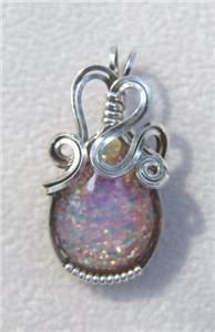 Silver Wire wrap and opal like glass Pendant Unique  