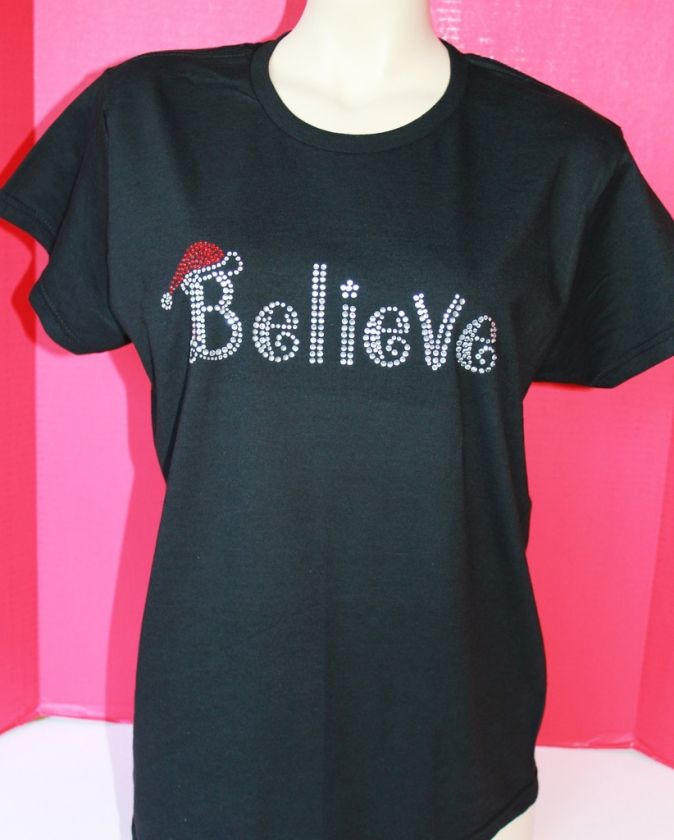 RHINESTONE BELIEVE CHRISTMAS T SHIRT WOMEN PLUS NEW  