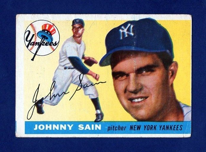 1955 TOPPS JOHNNY SAIN #193   YANKEES   GOOD creases  