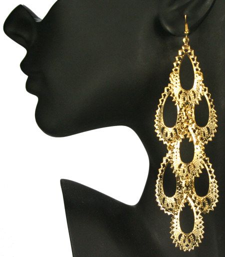 MASSIVE 5long GOLD PLATED big boho CHANDELIER EARRINGS  