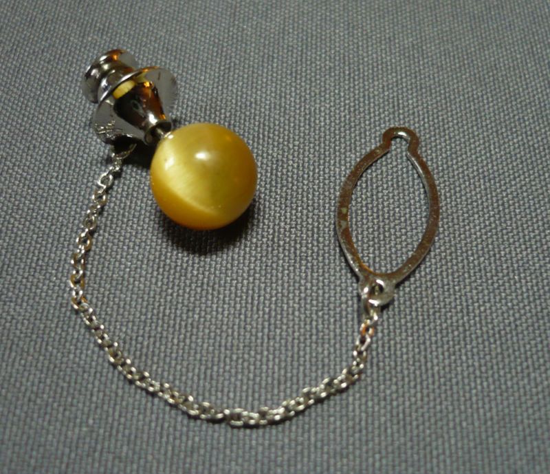 GOLDEN MOONSTONE TIE TACK W/SILVERTONE BUTTON LOOP  