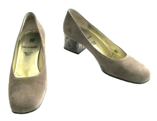 Taupe suede pumps with metal clad heels made in Italy by Bruno Magli 