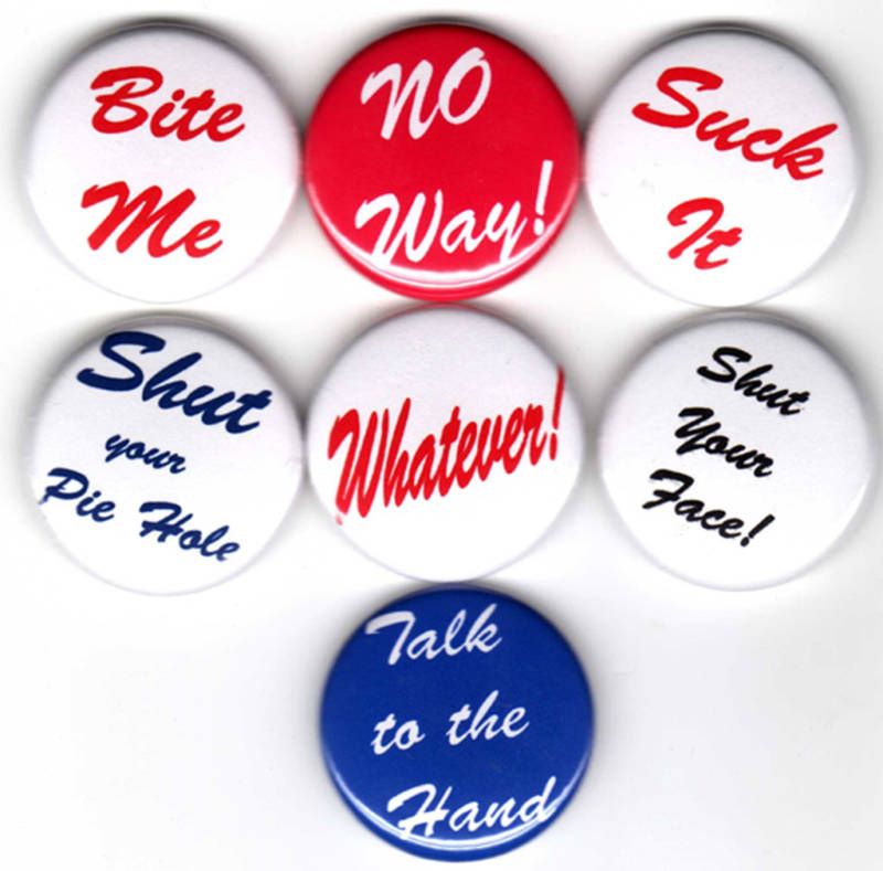 INSULT 7 pins/buttons FUNNY/rude/punk/indie/sayings  