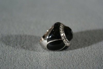   SILVER ENAMELED ONYX WHITE TOPAZ CIGAR BAND BOLD WIDE RING 7.5  