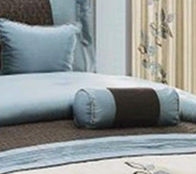 7PC Blue Beige Embroidery Leaves Queen Size Comforter Set Bed in a Bag 