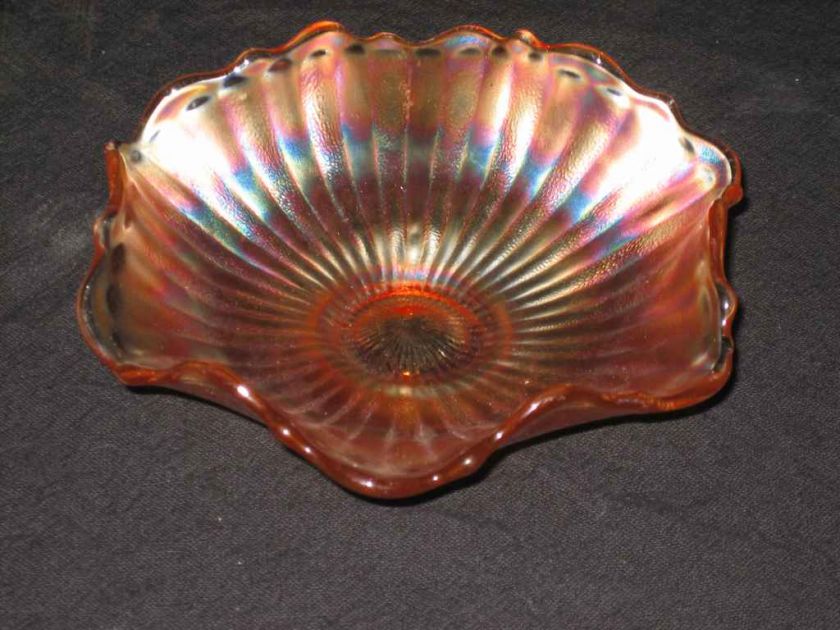  pink carnival glass bowl striped radius, pale yellow orange glass 