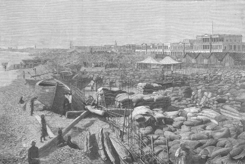   below picture The Famine in India Rice bags on the beach at Madras