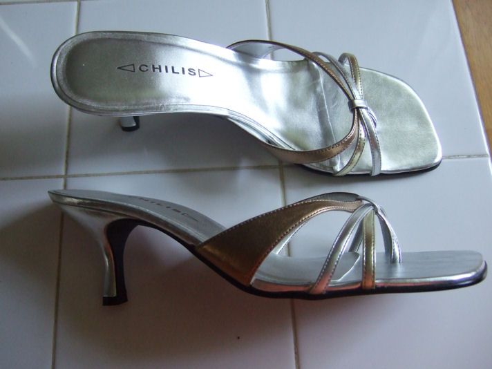 Chilis Metallic Strappy Slides Heels Size 9.5 New+Box  