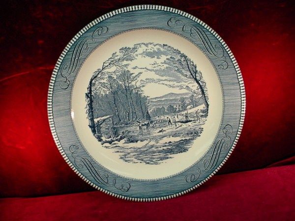 Vintage CURRIER & IVES Royal 12 MEAT PLATTER Tray FINE CHINA Blue 