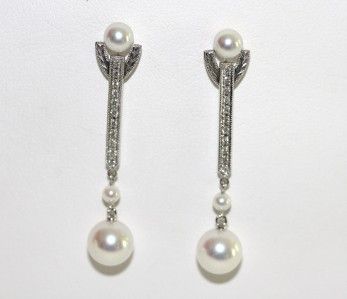 Mikimoto 18K White Gold Legacy Pearl & Diamond Drop Earrings  