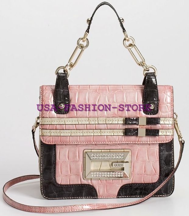 GUESS HANDBAG SATINE BOUDOIR HALF FLAP pink white purse  