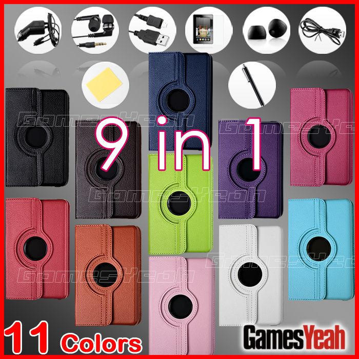 For Kindle Fire Rotating Leather Case/Screen Protector/Car Charger/USB 