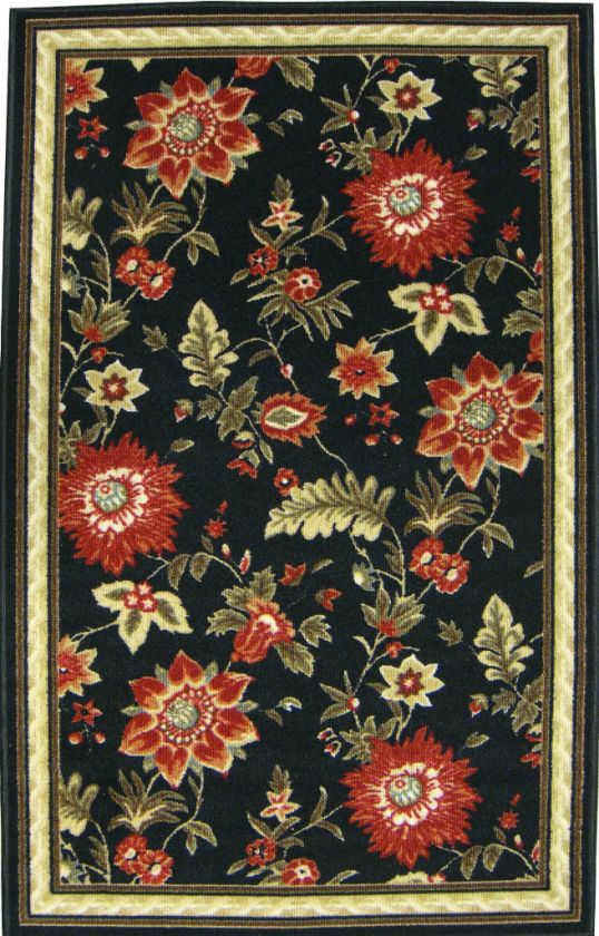 AREA RUG Floral BLACK Home Decore Kitchen washable Nylon Flowers 