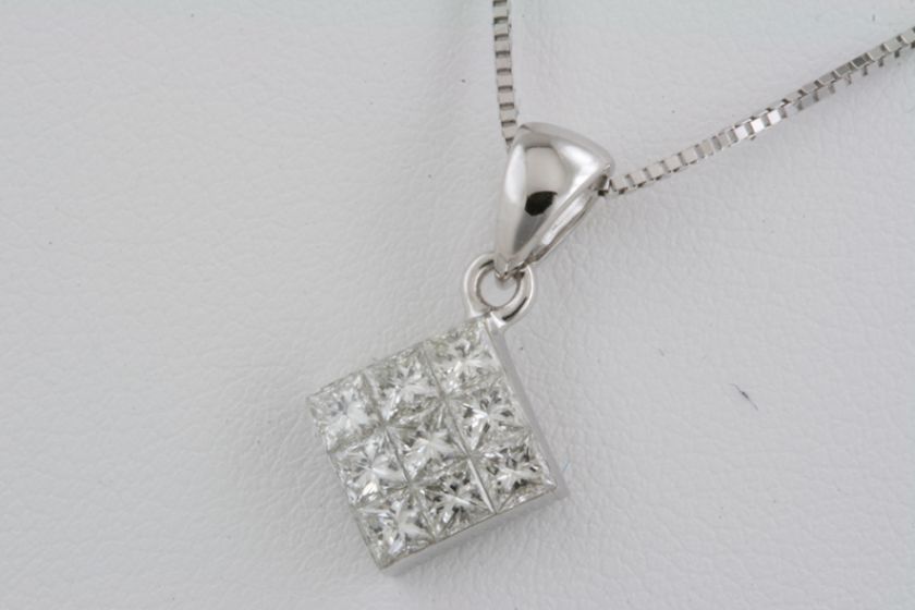 NEW 0.91 Ct Princess Cut 9 Stone Pendant 18K White Gold  