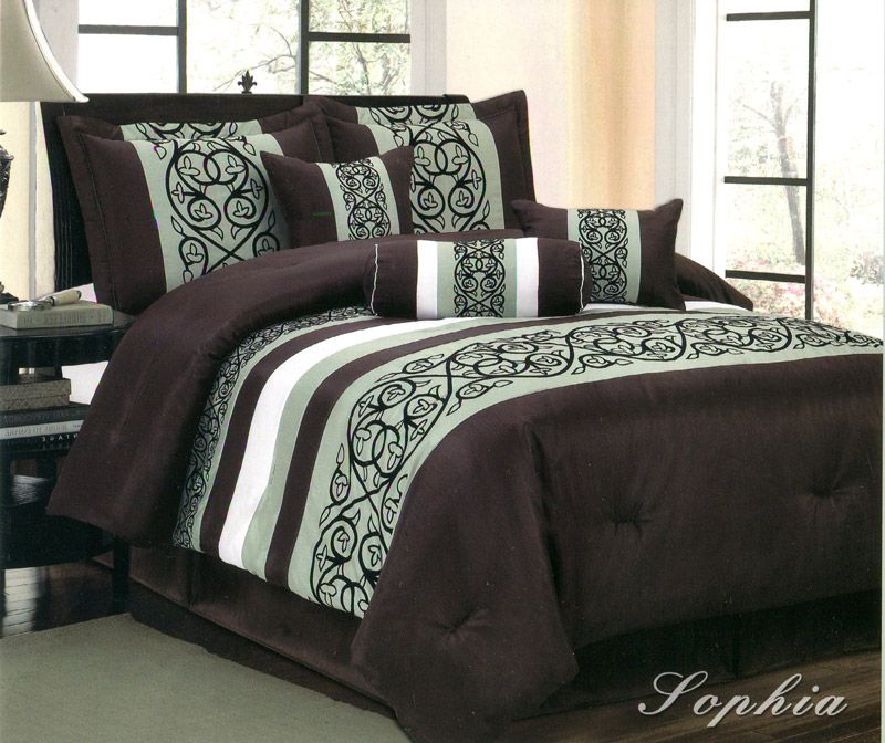 7Pc King Comforter Set Sage, Chocolate Floral Sophia  