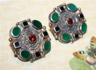 VINTAGE STERLING Silver GEMSTONE Clip EARRINGS Etruscan GARNET 