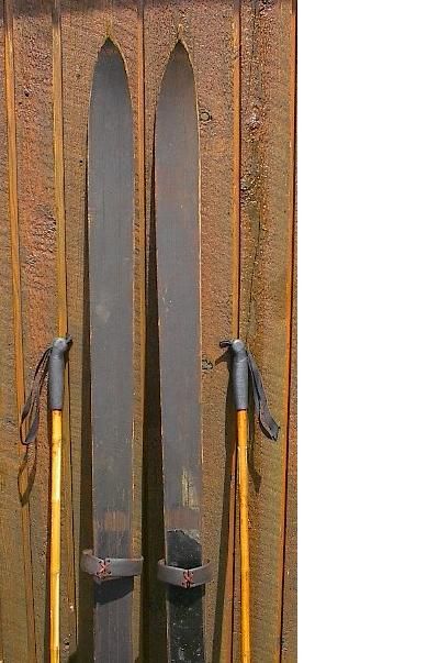 VINTAGE Wooden 71 Skis w/ POINTS + Bamboo Ski Poles  