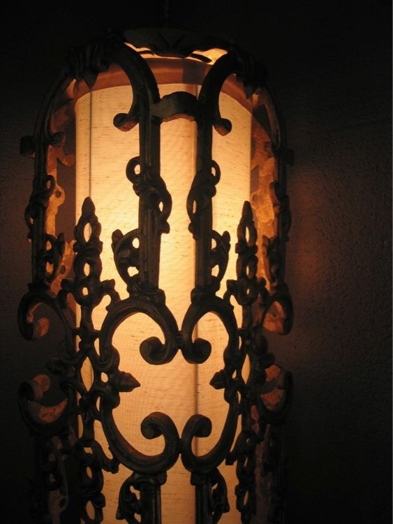   Italian tole hollywood regency metal hanging swag lamp vtg 60s OMG