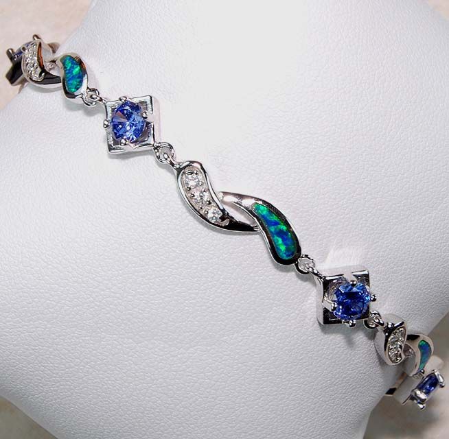 Tanzanite & Australian Opal 925 Solid Sterling Silver Bracelet  