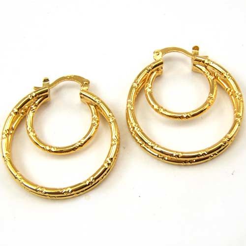 THREE RING BAMBOO CARVE 18K GOLD GEP FILL HOOP EARRING  